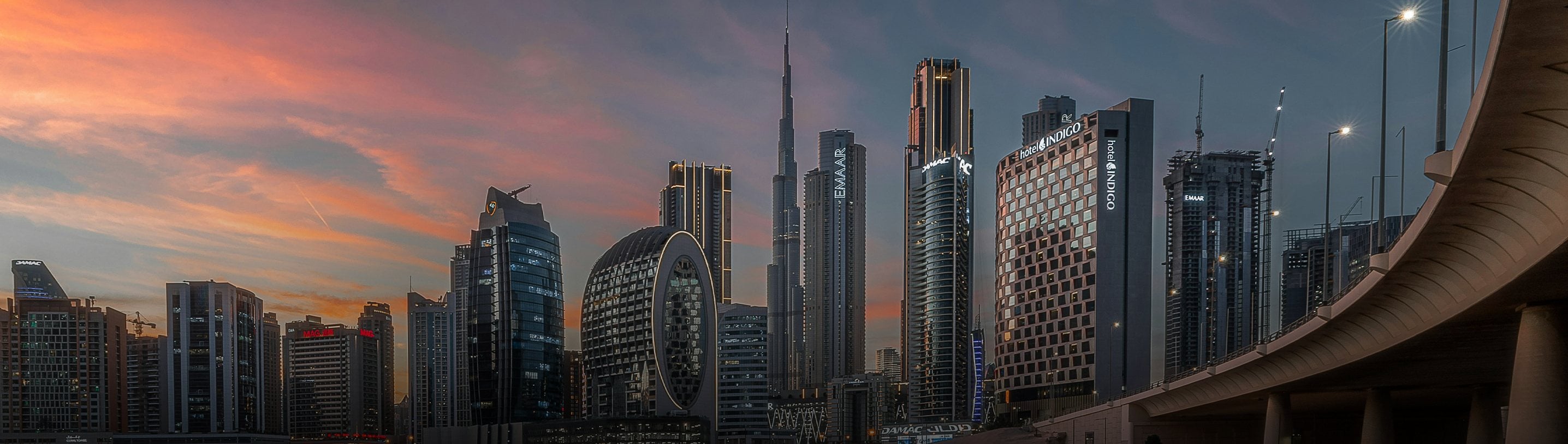 The Dubai skyline at dusk, with Burj Khalifa at its centre