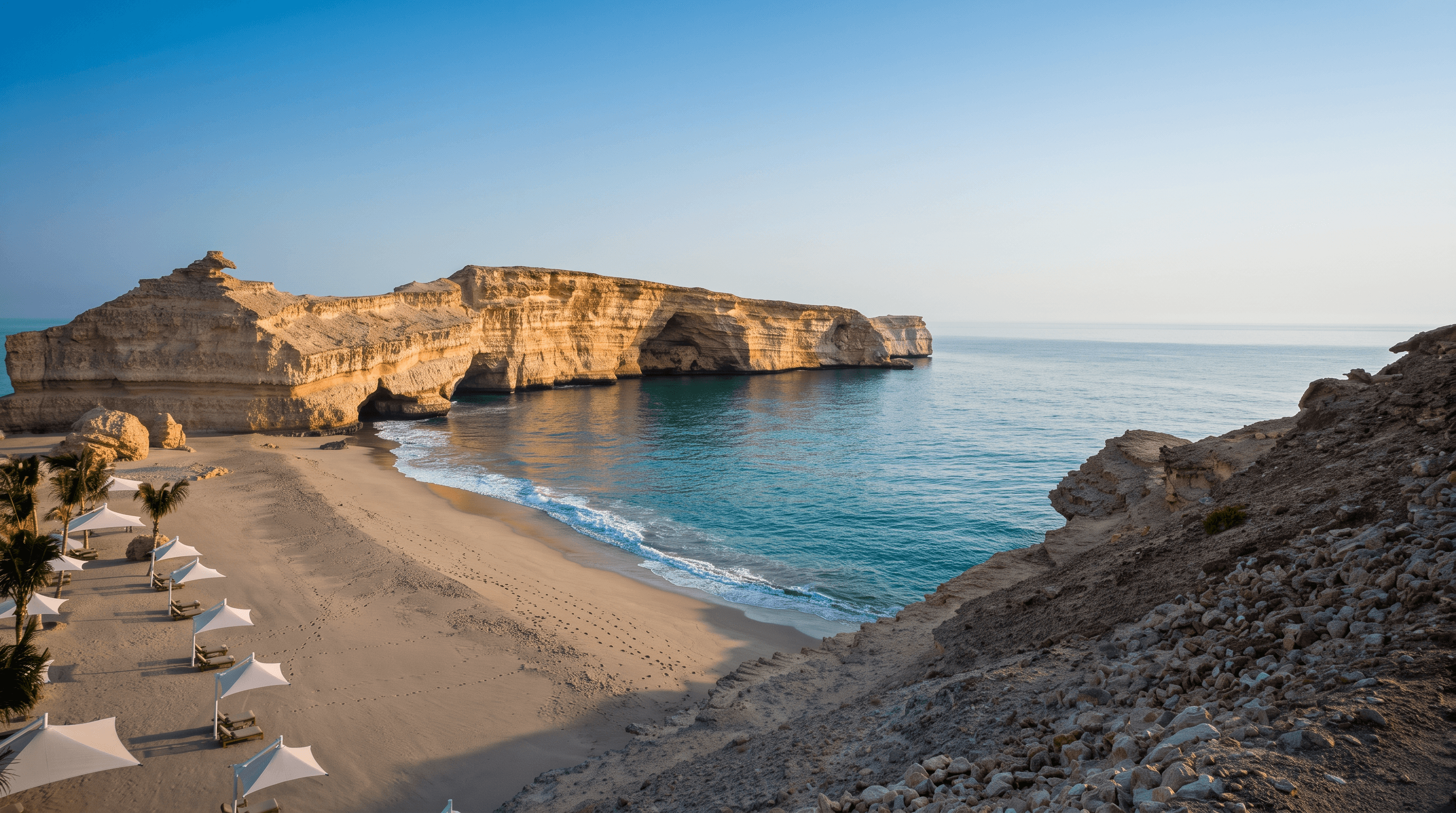 A quiet cove on the Omani coast, with cliffs above the sea